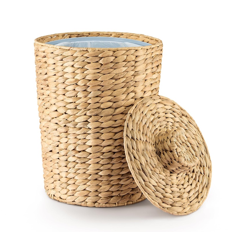 1.3 Gallons Wicker Waste Basket with Lid  Large Wicker Trash Can for Office  WasteBaskets for Bedroom, Bathroom, Kitchen, Living Room  Boho Handwoven Trash Cans for Garbage (Water Hyacinth)