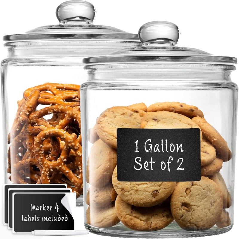 1 Gallon Glass Cookie Jars + Labels & Marker  Set of 2 Canister Sets for Kitchen Counter with Airtight Lids, Sugar Packet Holders Food Storage Containers with Lids Airtight for Pantry, Flour, Sugar,