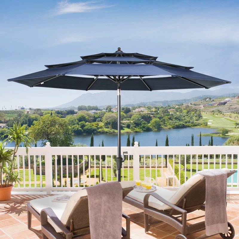 10ft Patio Umbrella Outdoor 3 Tier Vented Market Table Umbrella with 1.5 Aluminum Pole and 8 Sturdy Ribs, (Dark Blue)