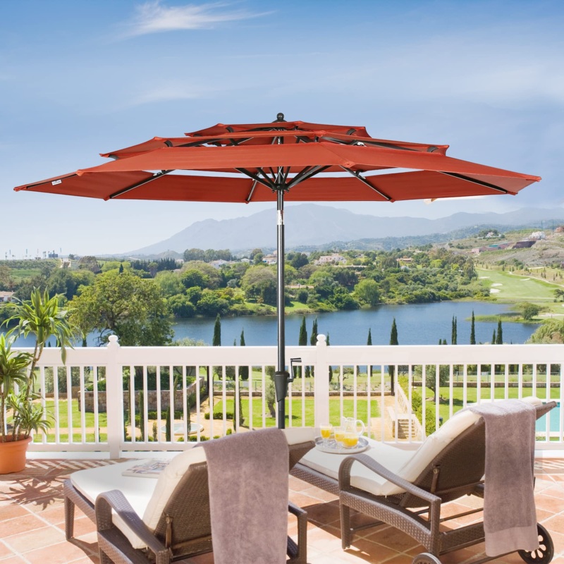 10ft Patio Umbrella Outdoor 3 Tier Vented Market Table Umbrella with 1.5 Aluminum Pole and 8 Sturdy Ribs, (Orange Red)