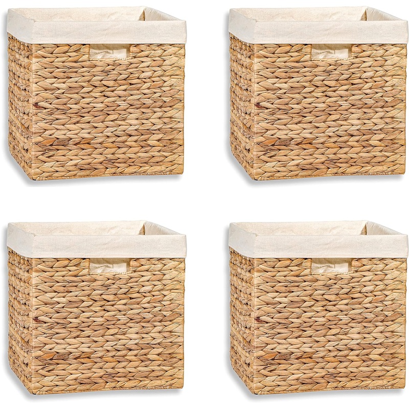 12 Foldable Hyacinth Storage Basket with Iron Wire Frame and Removable Liner By Trademark Innovations (Set of 4)