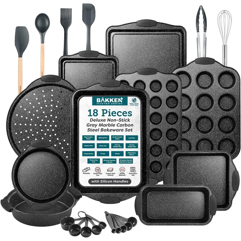 18-Piece Kitchen Oven Baking Set: Nonstick Gray Marble Coating, Carbon Steel Bakeware, Silicone Handles, Dishwasher Safe, Professional Quality, PFOA-Free