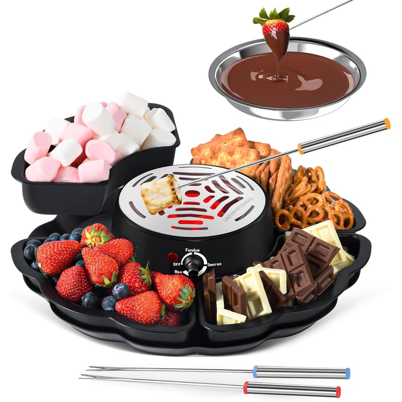 2 in 1 Electric Smores Maker & Fondue Pot, Tabletop Indoor Smores kit with 4 Roasting Forks, 4 Detachable Trays & 1 Flameless Temperature-controlled Heater, Movie Night Supplies & Housewarming Gifts
