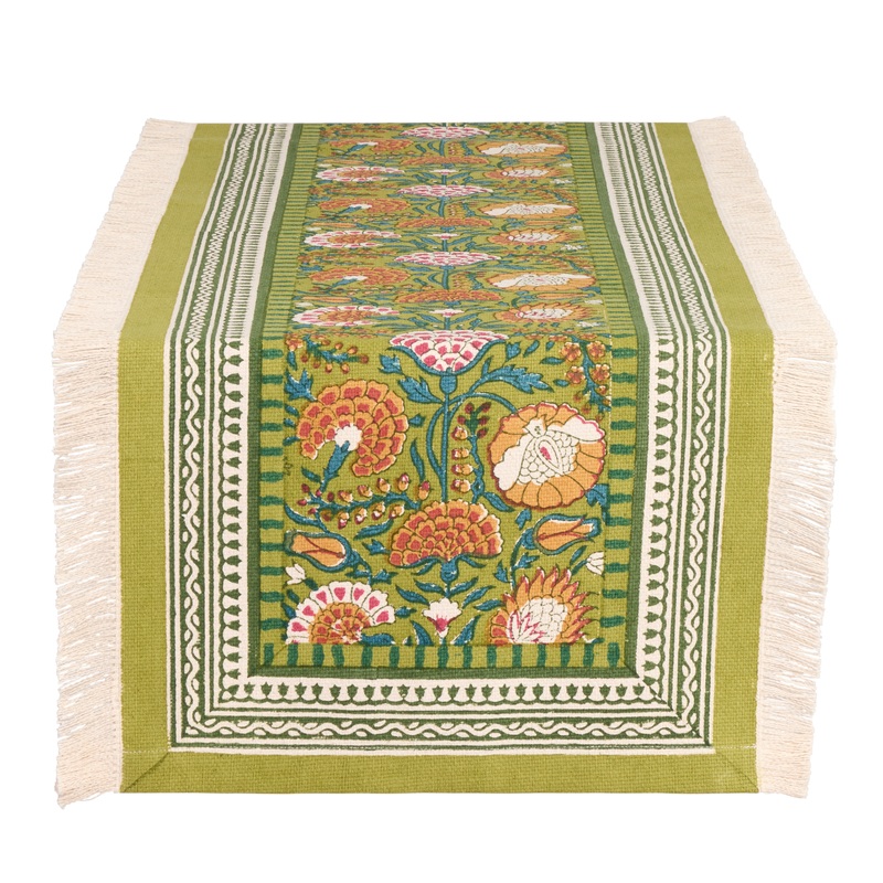Avocado Green Floral Block Print Table Runner