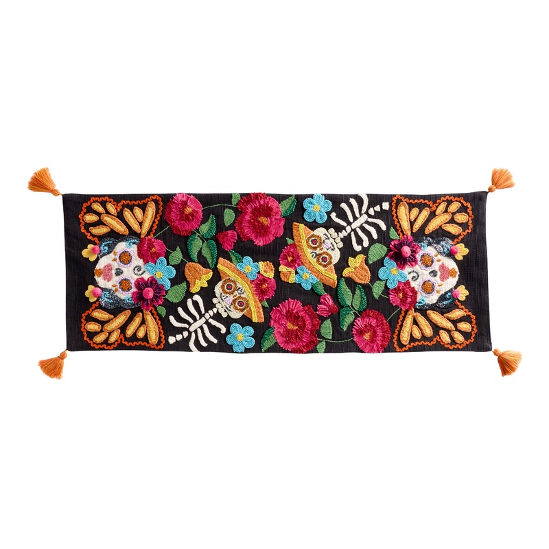 Black Multicolor Sugar Skull Embroidered Beaded Table Runner
