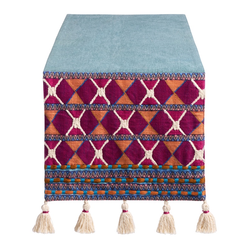 Blue and Fuchsia Geo Embroidered Table Runner with Tassels