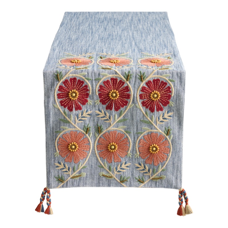 Chambray Blue Scrolling Floral Beaded Embroidered Table Runner