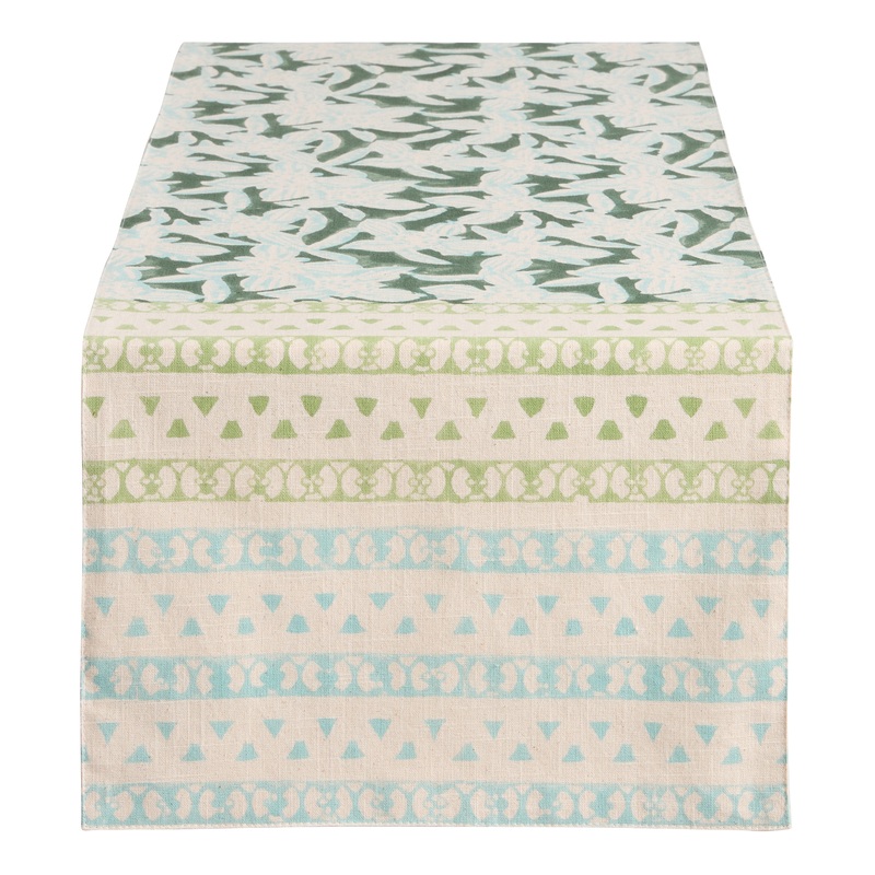 Dark Green and Blue Floral Sketch Block Print Table Runner