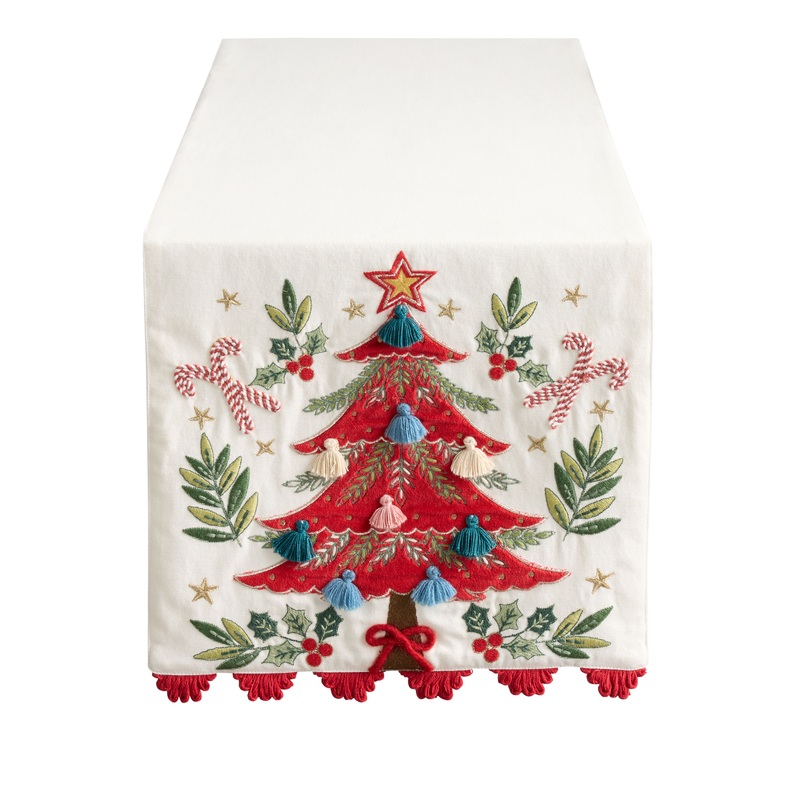 Ivory and Red Christmas Tree Embroidered Table Runner