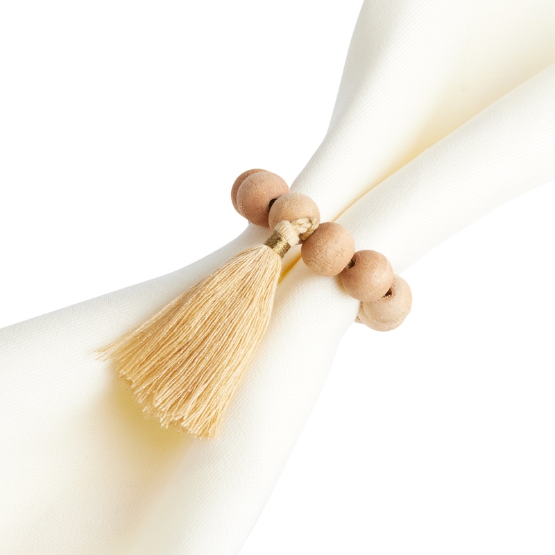 Light Mango Wood Beaded Napkin Ring With Tassel Set of 2