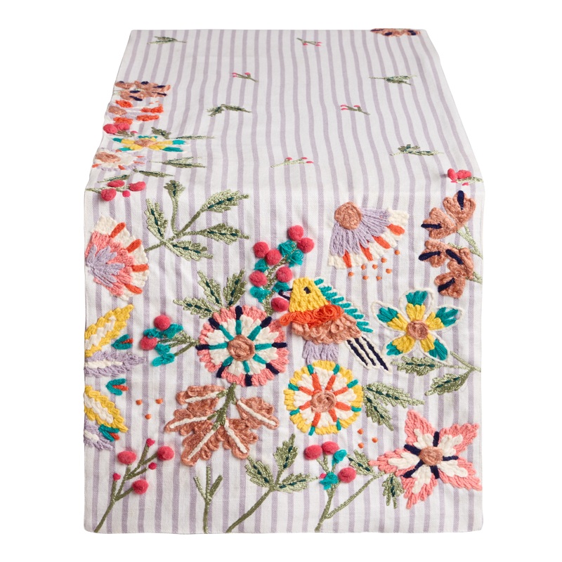 Lilac and Ivory Stripe Floral Embroidered Table Runner