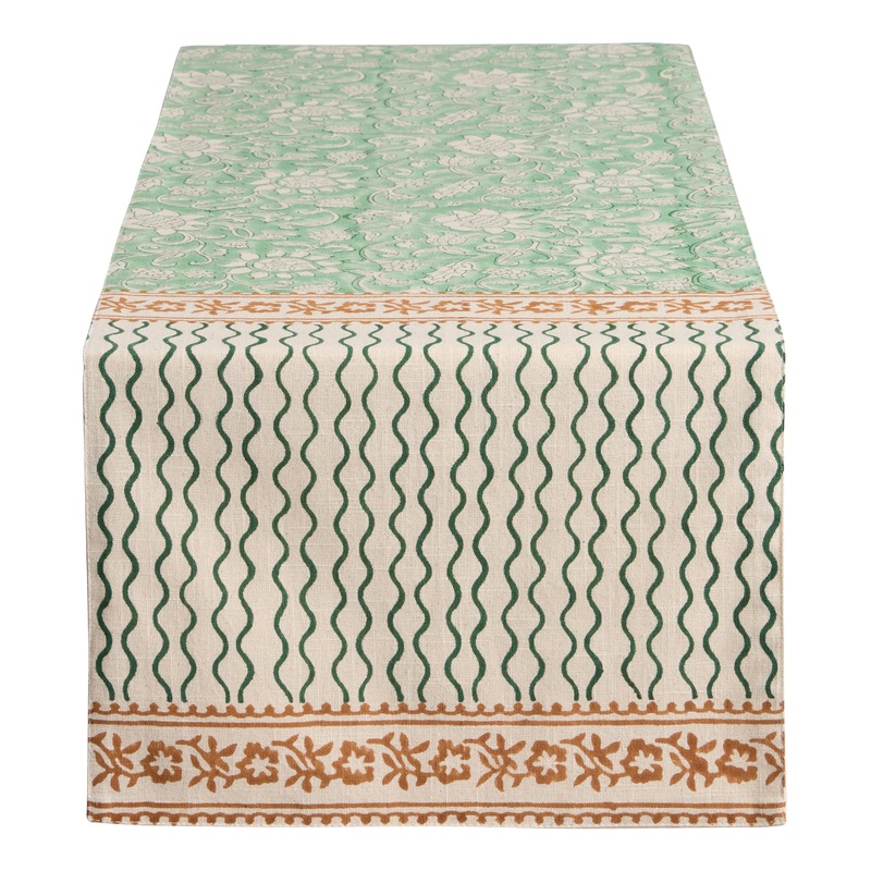 Mint and Blue Floral Paisley Block Print Table Runner