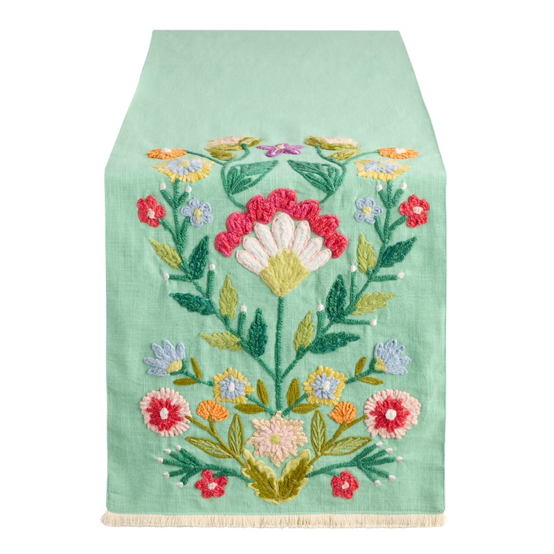 Mint Green Floral Embroidered Table Runner