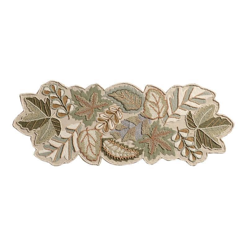 Muted Green Harvest Leaves Beaded Table Runner