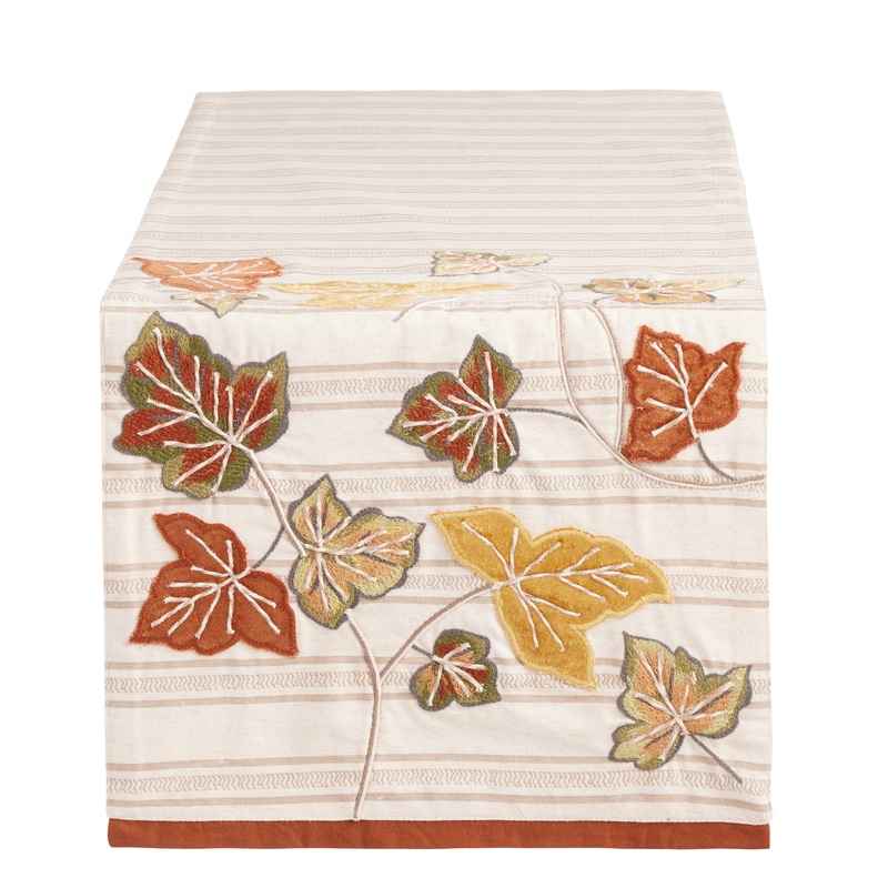 Natural Embroidered Leaves Stripe Table Runner