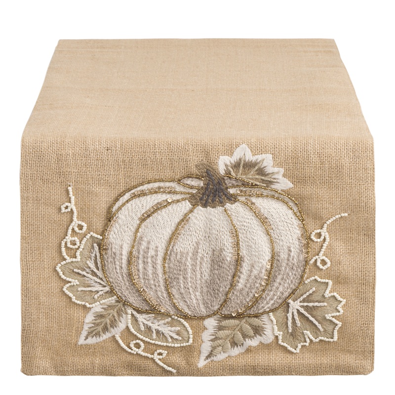 Natural Jute Embroidered Pumpkin Table Runner