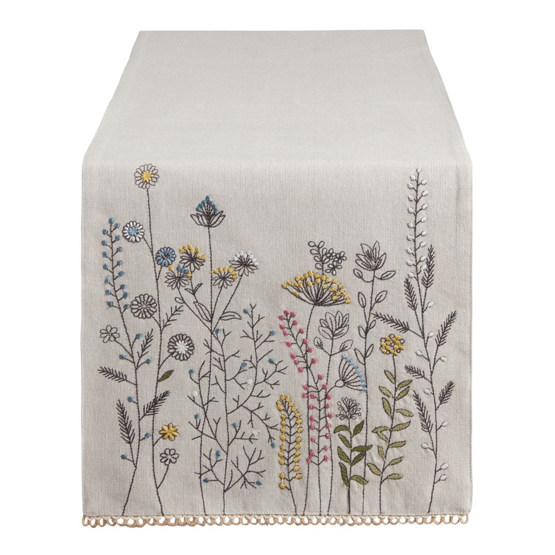 Natural Multicolor Embroidered Floral Table Runner