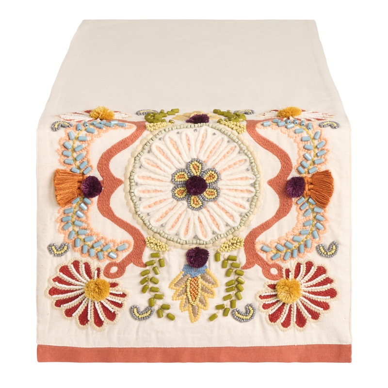 Oatmeal and Rust Floral Beaded Embroidered Table Runner