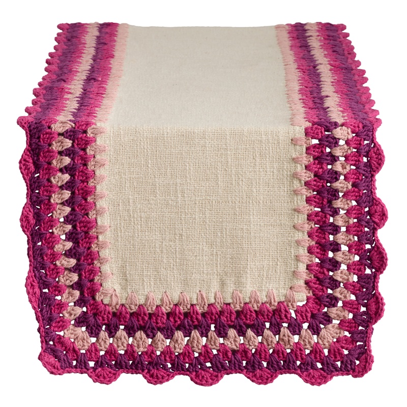 Off White and Fuchsia Crochet Border Table Runner