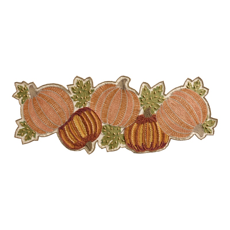 Orange and Green Pumpkin Patch Embroidered Beaded Table Runner