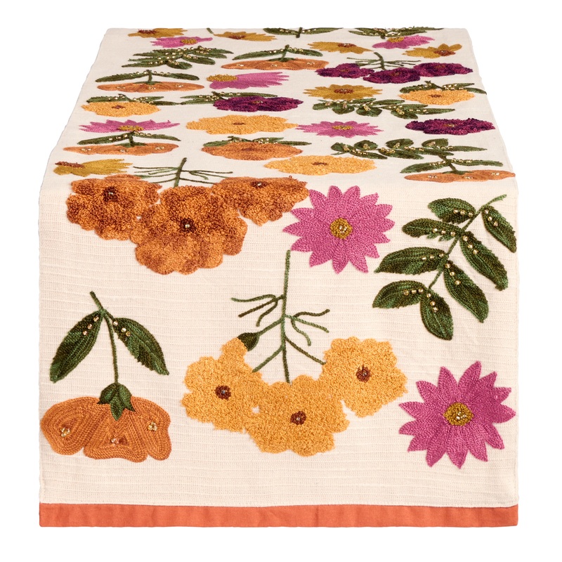 Orange and Purple Floral Beaded Embroidered Table Runner