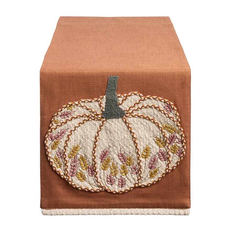 Orange Textured Embroidered Pumpkin Table Runner