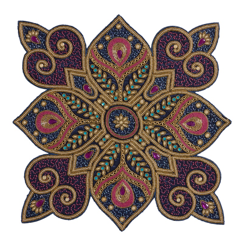 Oversized Maroon and Blue Rangoli Floral Beaded Placemat