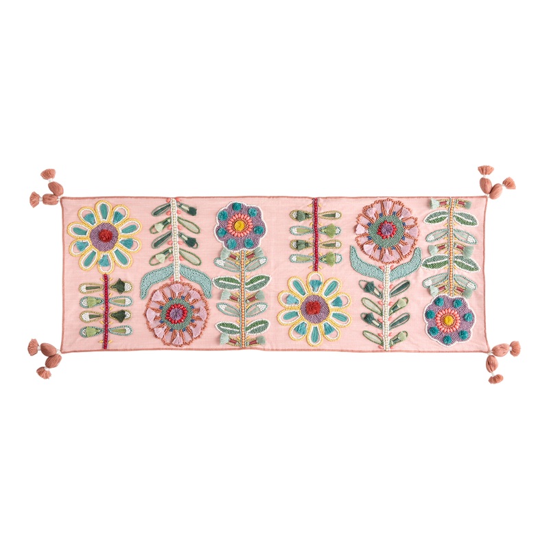 Pink Boho Bloom Beaded Table Runner with Tassels