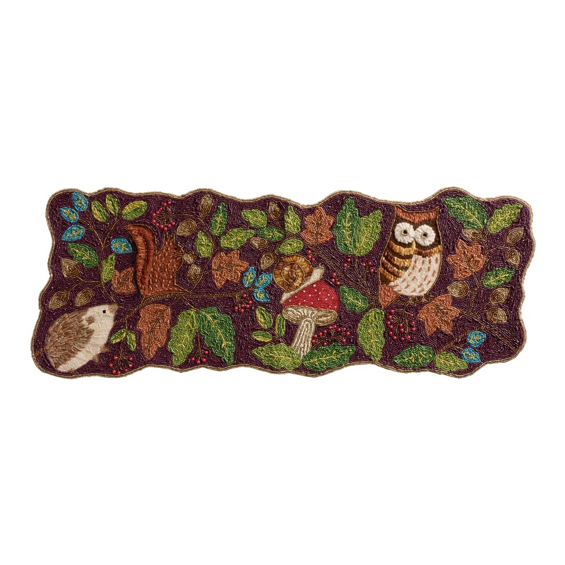Plum and Gold Fall Critters Embroidered Beaded Table Runner