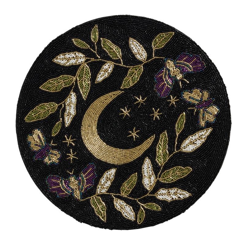 Round Black and Gold Celestial Moth Beaded Placemat