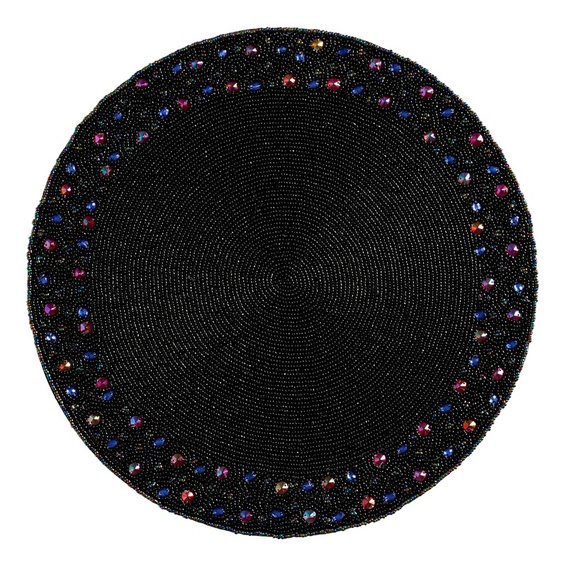 Round Black Multicolor Gem Beaded Placemat