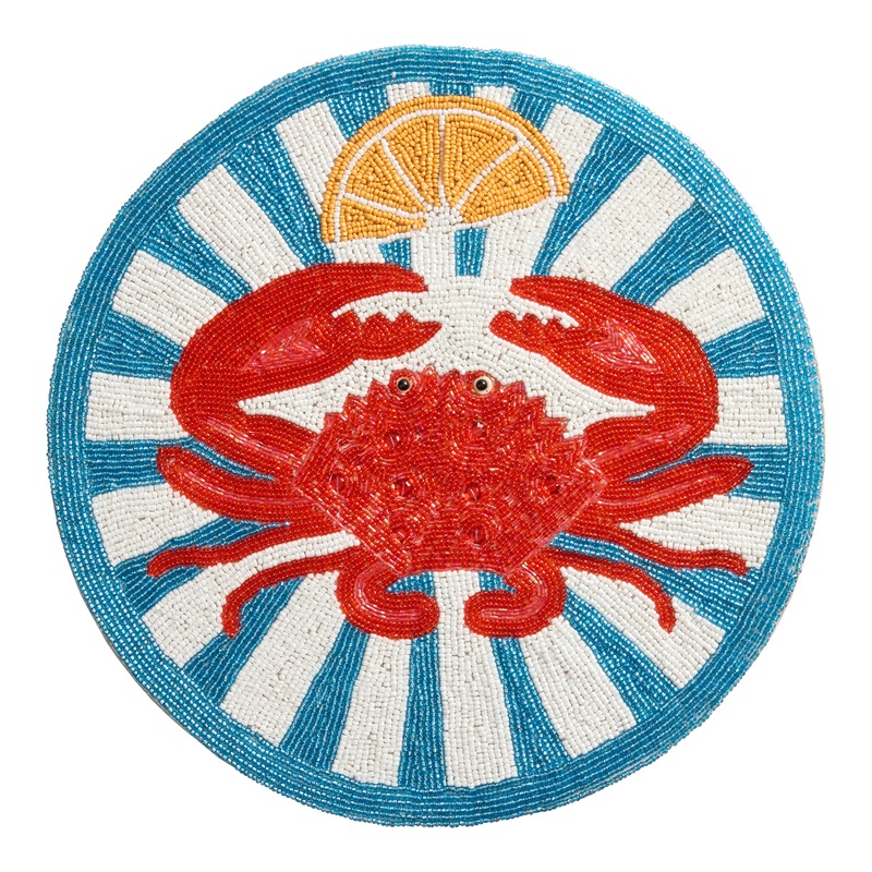 Round Blue and Red Crab Beaded Placemat