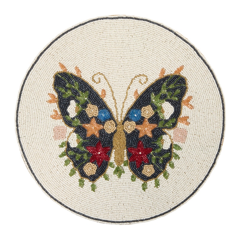 Round Ivory Multicolor Butterfly and Floral Beaded Placemat