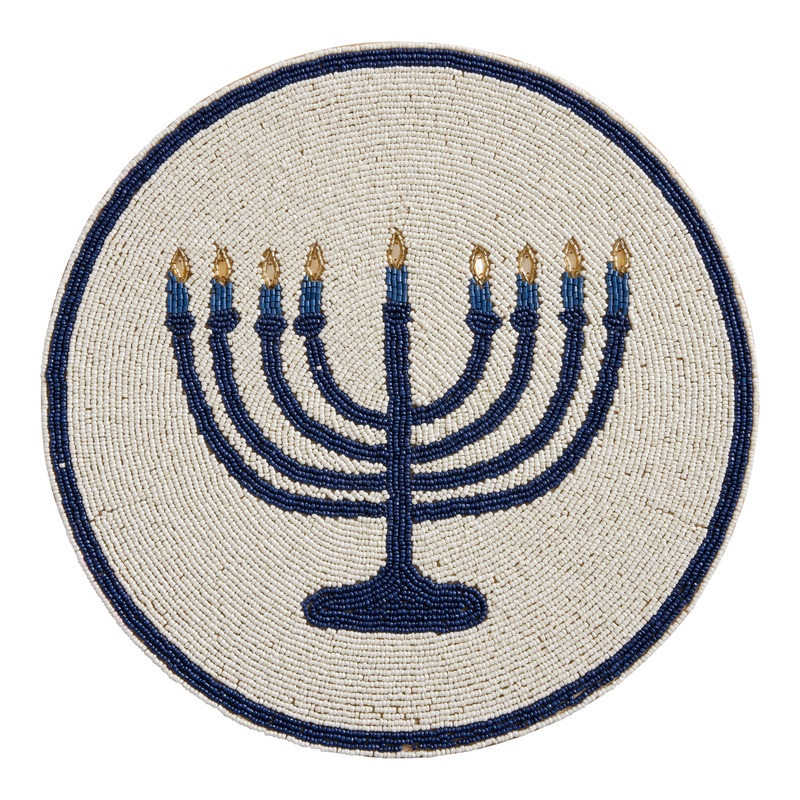 Round White and Blue Beaded Hanukkah Placemat Set of 4