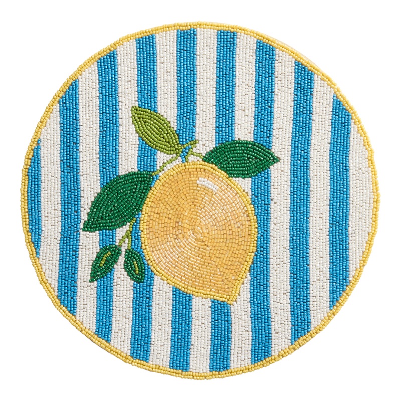 Round Yellow Lemon and Blue Stripe Beaded Placemat
