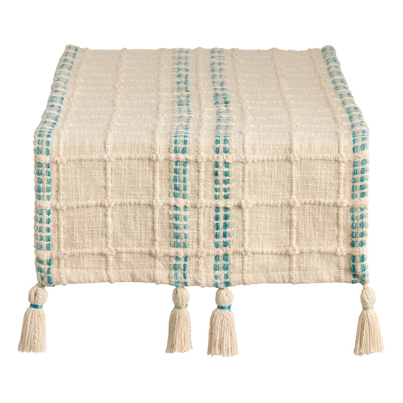 White and Blue Stripe Table Runner with Tassels