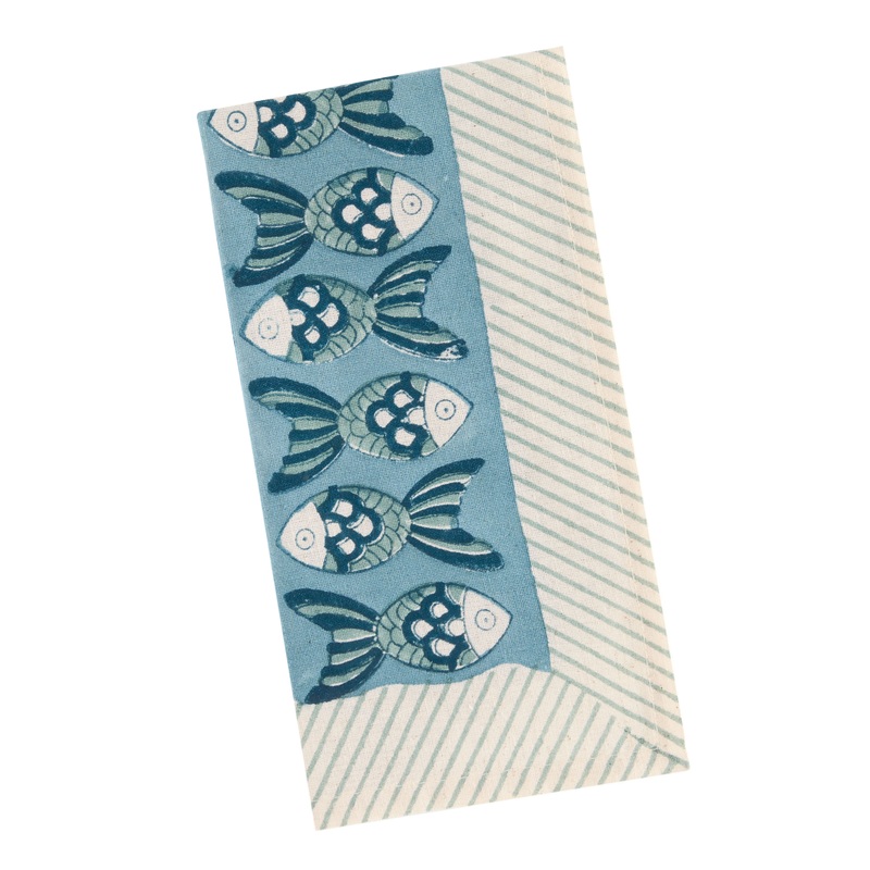 Aqua and Blue Fish Stripe Block Print Napkin