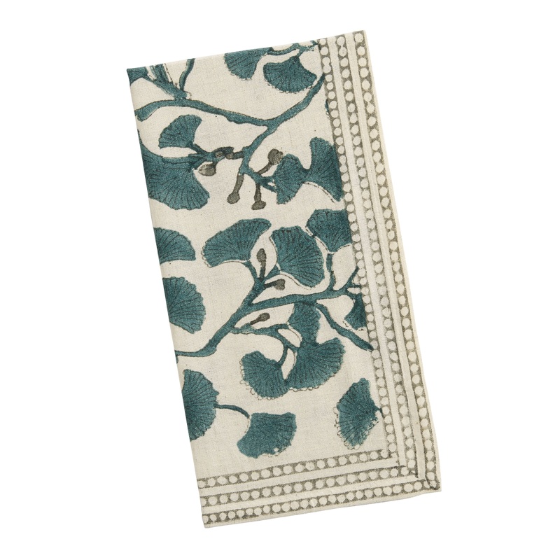 Aqua and Gray Ginkgo Leaf Block Print Napkin
