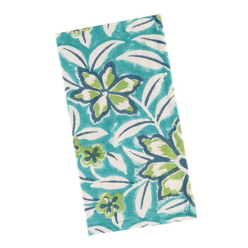 Blue and Green Tropical Flower Block Print Napkin
