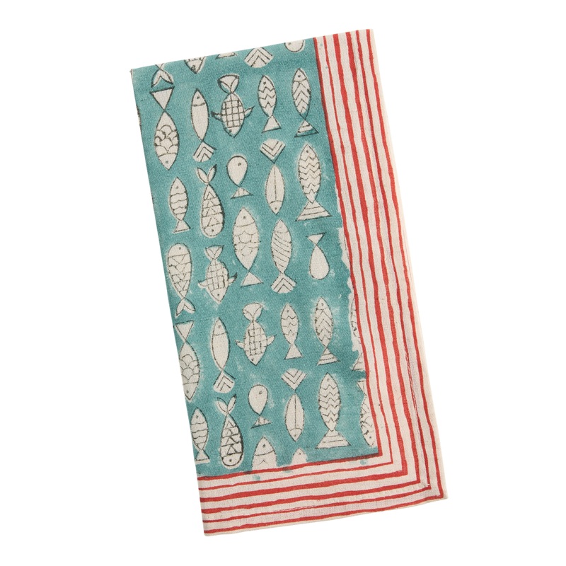 Blue and Red Fish Stripe Block Print Napkin