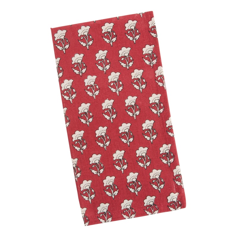Cranberry Red and White Floral Block Print Napkin