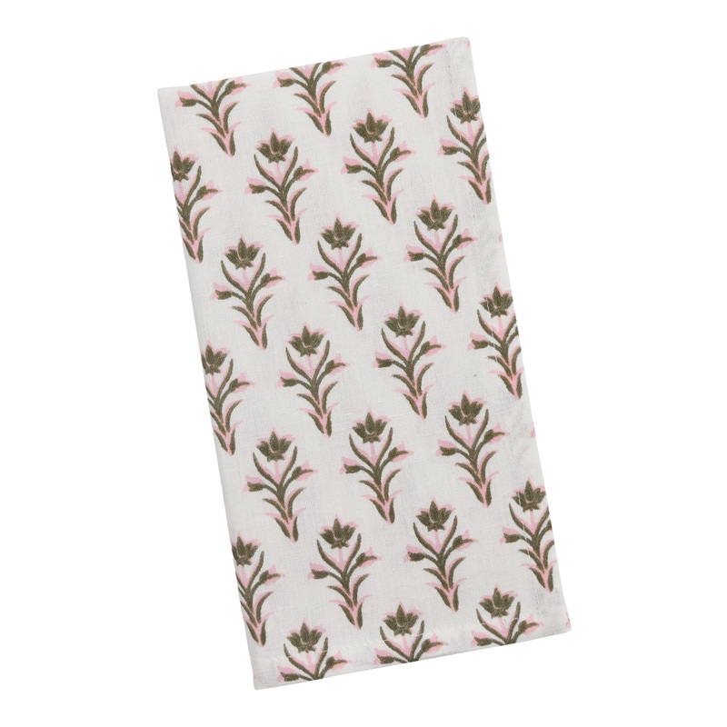 Cream And Green Screen Print Floral Napkin Set of 4