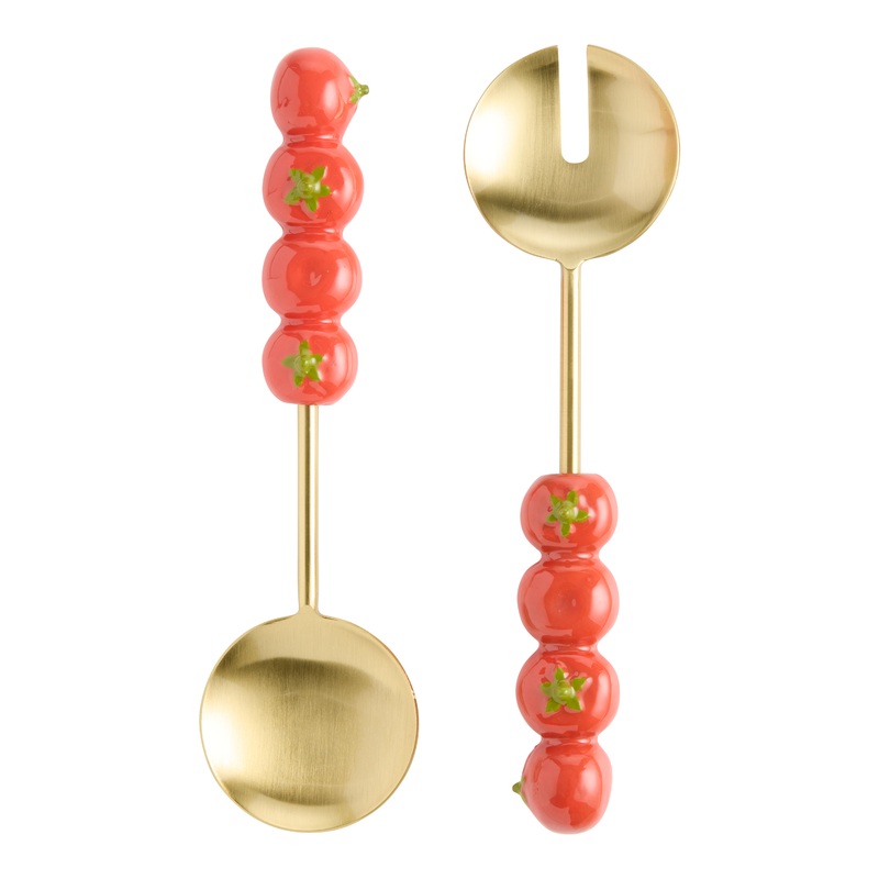 Gold Metal and Ceramic Tomato Salad Servers 2 Piece Set