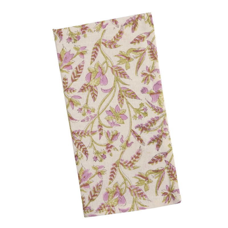 Green and Lilac Leafy Floral Block Print Napkin