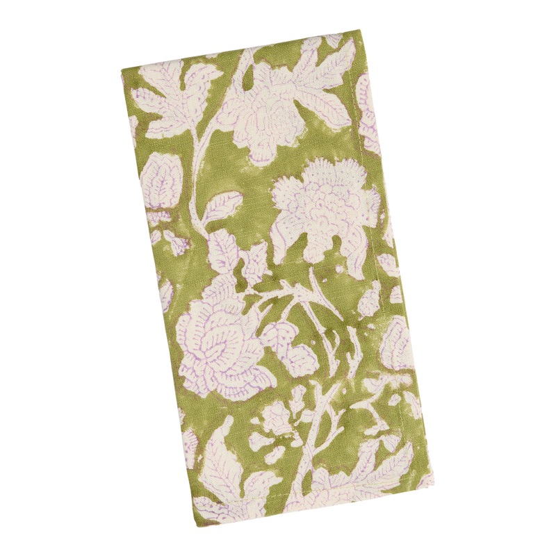 Green and Lilac Sketched Floral Block Print Napkin