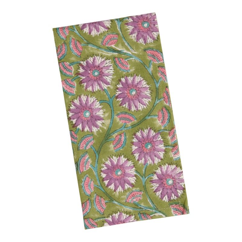 Green and Purple Retro Floral Block Print Napkin