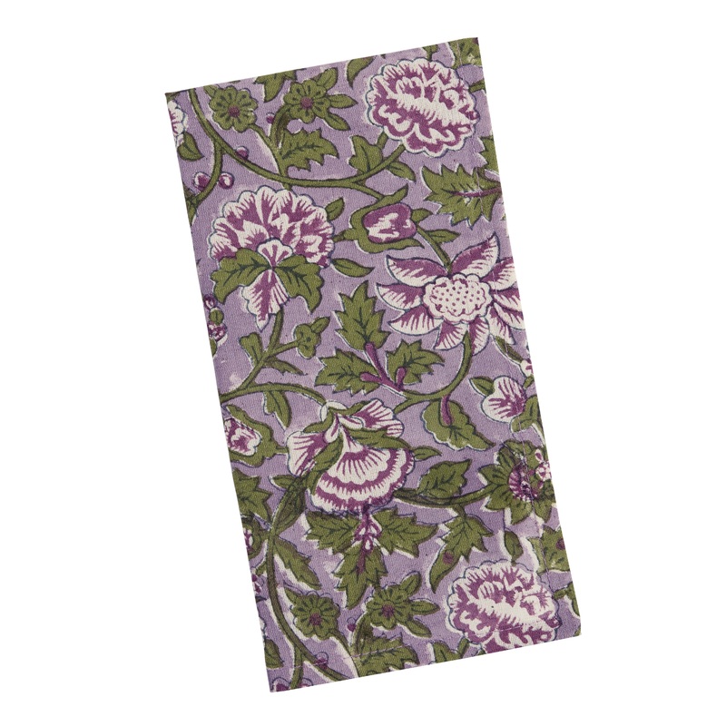 Lilac and Green Scrolling Floral Block Print Napkin