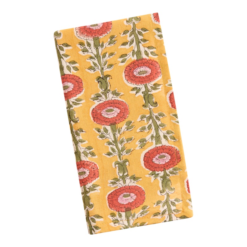 Marigold and Pink Poppy Block Print Napkin