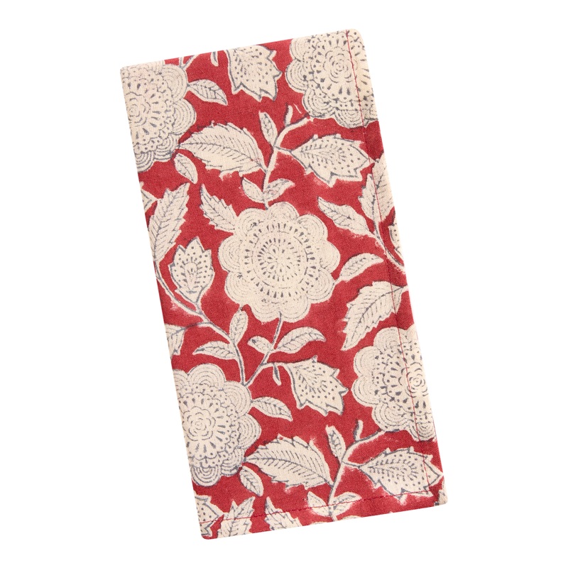 Maroon and Blue Floral Sketch Block Print Napkin