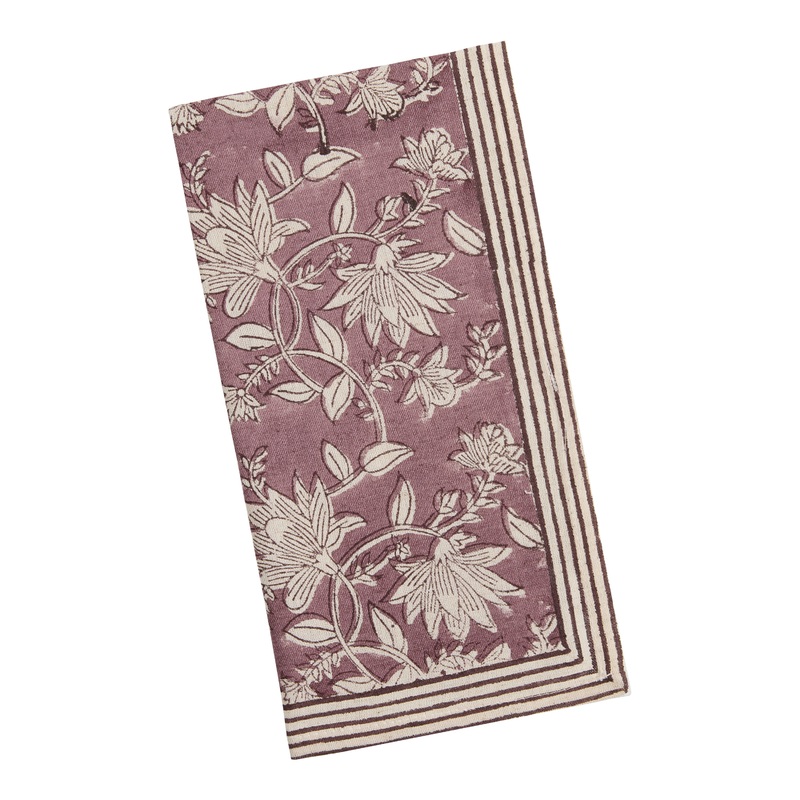 Muted Purple Floral Stripe Block Print Napkin Set of 4